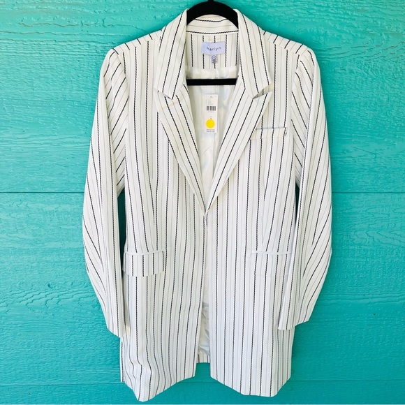 ANTHROPOLOGIE LONGLINE THIN STRIPE OPEN FRONT BLAZER POCKETS SIZE SMALL NWT - Picture 1 of 14